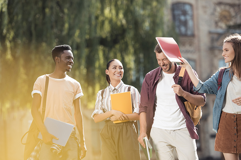 Students chatting outside a university